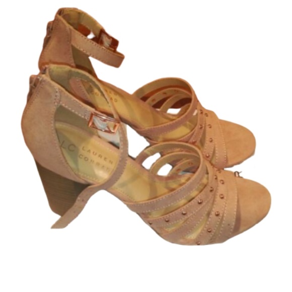 LC LAUREN CONRAD Sandals Block High Heels Strappy Faux-Suede Studded Mauve Pink - Picture 6 of 8
